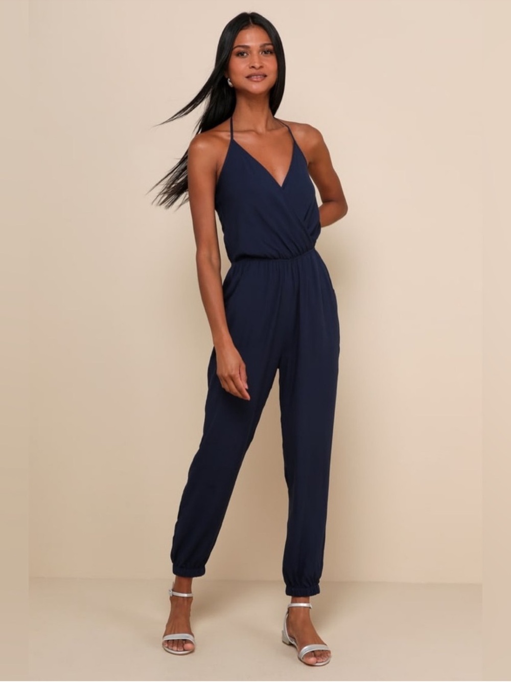Lulus Learning to Fly Halter One-Piece Pant Romper Jumpsuit, Navy Blue, Size S